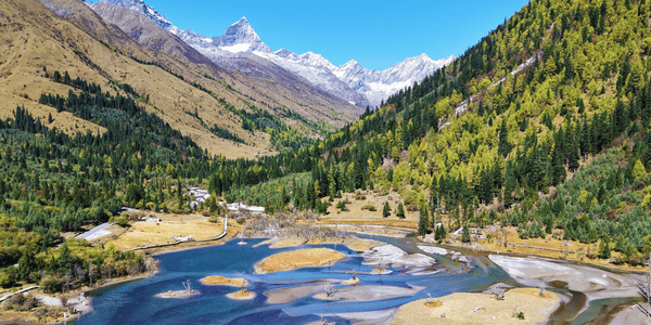 River valley and forest scenery in Shuangqiao Valley, Siguniang Mountain, ideal for leisure hiking