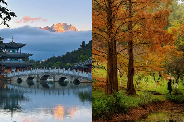 Black Dragon Pool in Lijiang and Yunnan autumn forest scenery with mountain reflections and scenic hiking trails