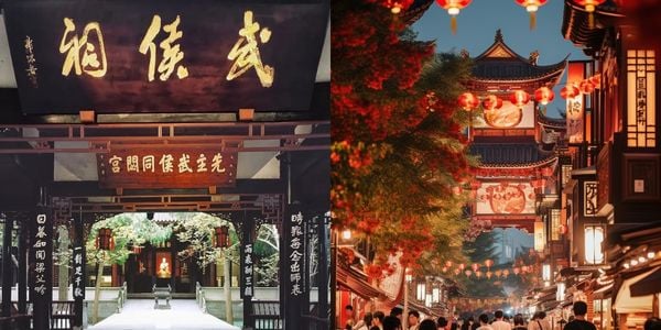 Night view of Wuhou Temple and Jinli Street in Chengdu, illuminated lanterns reflecting Three Kingdoms culture