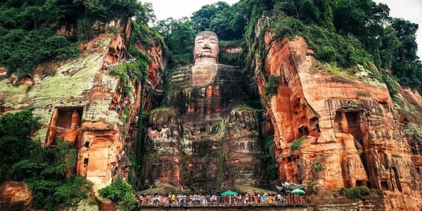 Leshan Giant Buddha statue in Sichuan, a 71-meter-tall cliff-carved Buddha overlooking the rivers, UNESCO World Heritage site