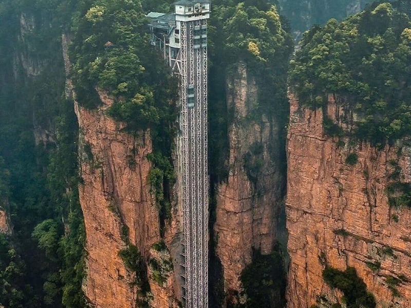 Bailong Elevator in Zhangjiajie National Forest Park, the world’s highest outdoor elevator built on a sheer cliff